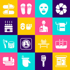 Poster - Set Sauna wooden bathhouse, Swimming pool with ladder, Towel on hanger, Facial cosmetic mask, Toilet paper roll, Hot sauna stones, slippers and Man the icon. Vector