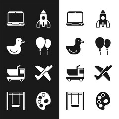 Poster - Set Balloons, Rubber duck, Laptop, Rocket ship toy, Toy truck, plane, Palette and Swing icon. Vector