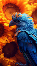 Blue And Yellow Macaw, Sunflower With Bird, Generative Ai