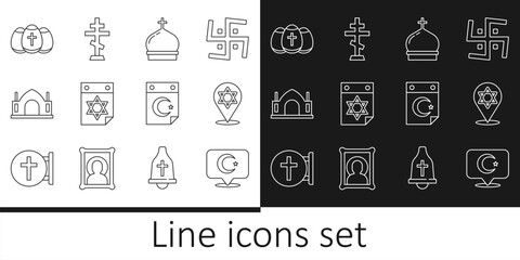 Wall Mural - Set line Star and crescent, of David, Church tower, Jewish calendar, Hindu spiritual temple, Easter egg, and Christian cross icon. Vector