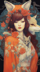 Wall Mural - the girl with a fox,fox lady, generative ai