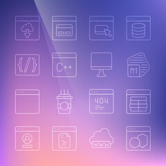 Set line Software, MySQL code, Processor, Browser files, Programming language syntax, Cloud technology data transfer and Computer monitor screen icon. Vector