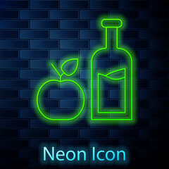 Poster - Glowing neon line Apple cider bottle icon isolated on brick wall background. Beverage glass bottle. Vector