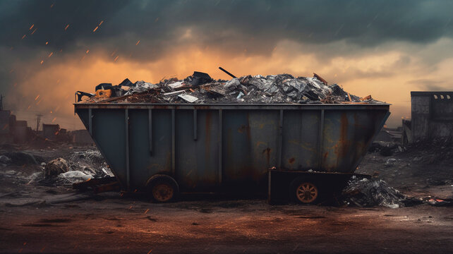 Large overloaded metal dumpster filled with construction waste and debris near a construction zone. Generative AI