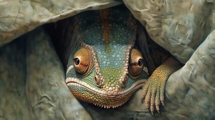 Wall Mural - close up of a chameleon head, chameleon hiding in leaves, generative ai