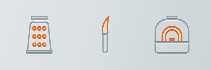 Wall Mural - Set line Oven, Grater and Knife icon. Vector