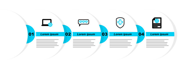 Sticker - Set line Clinical record, Medical shield with cross, Like and heart and Laptop gear icon. Vector