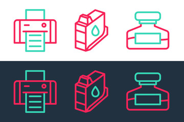 Poster - Set line Ink bottle, Printer and ink cartridge icon. Vector