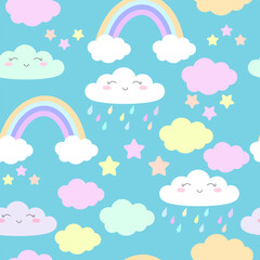 Wall Mural - Seamless pattern background with cute clouds with rainbow. Vector illustration for rainy background, wallpaper, pajamas and baby textile.