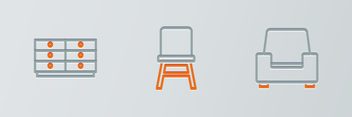 Poster - Set line Armchair, Chest of drawers and Chair icon. Vector