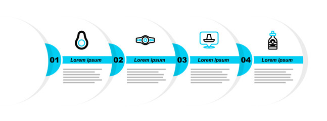 Poster - Set line Tequila bottle, Mexican sombrero, Wrestling championship belt and Avocado fruit icon. Vector