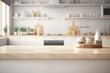 Close up of wooden table in modern kitchen with white walls, concrete floor, white countertops and white cupboards. 3d rendering