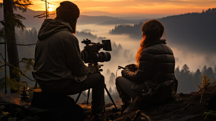 Wall Mural - silhouette of a couple in the mountains, generative ai