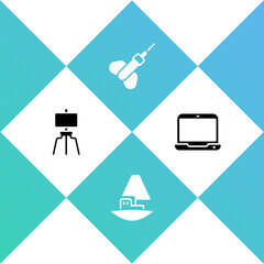 Poster - Set Wood easel, Toy boat, Dart arrow and Laptop icon. Vector