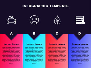 Poster - Set line Eco car concept drive, Sad smile, Water energy and Customer care server. Business infographic template. Vector