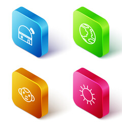 Sticker - Set Isometric line Astronomical observatory, Planet Mercury, Monkey zodiac and Sun icon. Vector