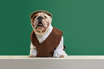 Beautiful, funny, stylish purebred dog, english bulldog wearing classical vest, shirt and cap against green studio background. Concept of animals, humor, pets fashion, vet, style, ad