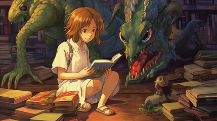 person in an box, young friendly girl reading  book with dragon, generative ai