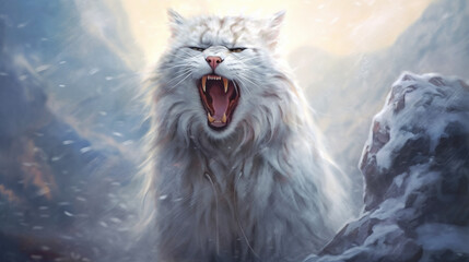 Wall Mural - lion in the snow, snow mountain cat growling face, generative ai