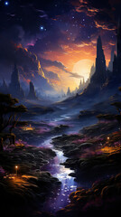 Wall Mural - landscape with water and moon, star forest with magic mountains, generative ai