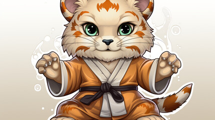 Wall Mural - Sticker an adorable cute tiger in karate outfit, generative ai