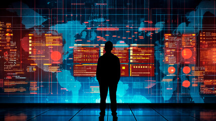 The silhouette of a person standing in front of a large digital screen with a global data flow showing various cyber threats and vulnerabilities. Generative AI