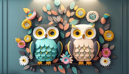 two cute 3d paper cut owls AI generated