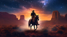 Sunset In The Mountains, Western Cowboy Riding His Horse At Sunset With Stars, Generative Ai