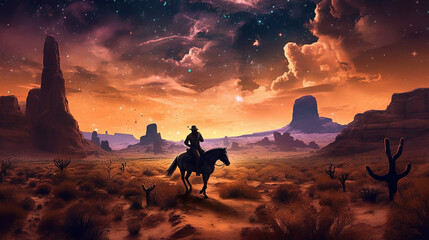 Wall Mural - sunset in the mountains, western cowboy riding his horse at sunset with stars, generative ai