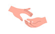 Giving, lending hand, reaching for help, love, care and support. Two arms. Volunteer, supportive friend assistance, romantic relationship concept. Flat vector illustration isolated on white background