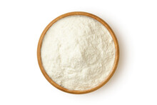 White Rice Flour In Wooden Bowl On White Background
