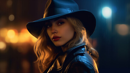 Poster - Young woman in a hat and leather jacket, generative ai