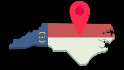 Wall Mural - Animation loop of the 3D map of North Carolina in flat design style with the colors of the north carolina state flag on which a red map position marker is jumping (alpha channel, green background) 