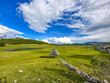 view of a summer day in the mountains, green meadows, mountain slopes and hills