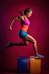 Wall Mural - A woman in a pink tank top and blue shorts is jumping over a box. Generative AI image.