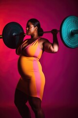 Poster - A pregnant woman holding a barbell over her head. Generative AI image.