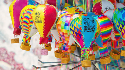 Wall Mural - Handmade souvenirs in form of colorful hot air balloon selling in gift shop in Goreme. Typical souvenir or gift from Cappadocia, Turkey (Turkiye)