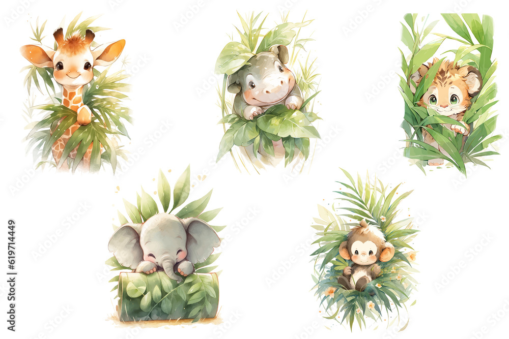 Set of cute baby woodland animals lion, hippopotamus, elephant, monkey ...