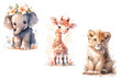 Set of cute baby woodland animals elephant, lion and giraffe Illustration isolated drawings by hand. Perfect for nursery poster.