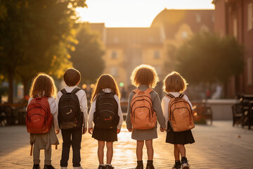a group of first graders go to enrollment on their first day at school. education and start into a n