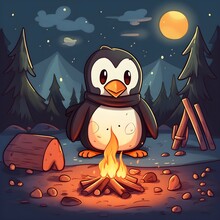 A Cartoon Penguin Standing By A Campfire
