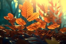 Autumn Season Leaves Plant. Tropical Leaves For Photorealism Wallpapers. Colorful Leaves Background And Wallpaper Illustration. Generative AI.