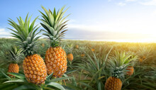 Pineapple Fruits In Pineapple Farming With Sunrise Background.