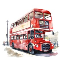 A Watercolor Of A Red Double Decker Bus