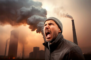 angry man in front of polluting factory