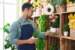 Young hispanic man florist holding plant of shelving at flower shop
