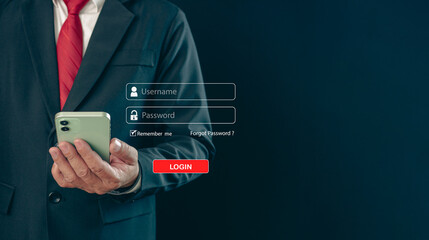 Login. A businessman's finger is holding a phone. Represents protection against external hacks. Concept of protection against code, viruses, firmware, and malware.