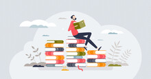 Lifelong Learning And Continuing Academic Development Tiny Person Concept. Read Books For Personal Growth And Mental Skills Potential Vector Illustration. Education Boost For Better Qualification.