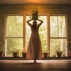 Sticker - A woman standing in front of a window holding a potted plant. Generative AI image.