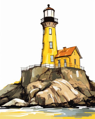 Wall Mural - drawing of a yellow lighthouse on the coast